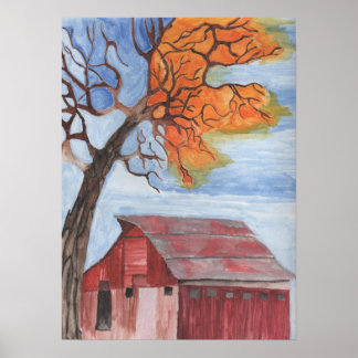Fall Barn Water Color Pastel Poster