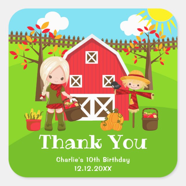 Fall Barnyard Birthday Blonde Hair Girl Vielen Dan Quadratischer Aufkleber (Vorderseite)