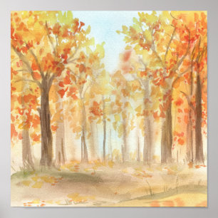 Fall Bäume Orange Blätter Watercolor Art Poster