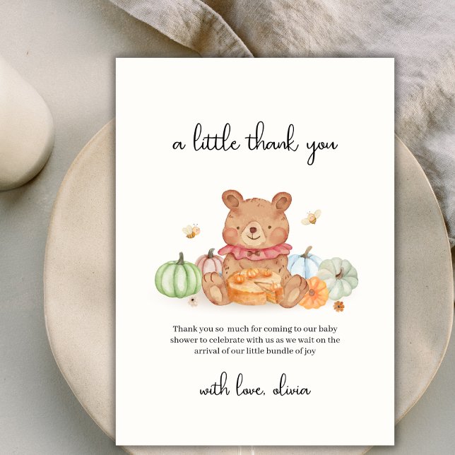 Fall Bee Süsse Pumpkin Pie Teddy Bear Baby Dusche Dankeskarte (Fall Bee Cutie Pumpkin Pie Teddy Bear Baby Shower Thank You Card)