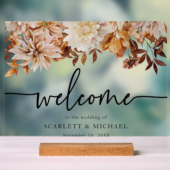 Fall Begrüßungszeichen Acrylschild (Fall Floral Horizontal Wedding Welcome Acrylic Sign by Painted Paperie
)