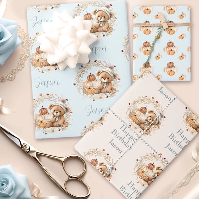 Fall Birthday Boy Niedlich Bären Pumpkins Blue Bei Geschenkpapier Set (Fall Birthday Boy Cute Bear Pumpkins Blue Beige Wrapping Paper Sheets)