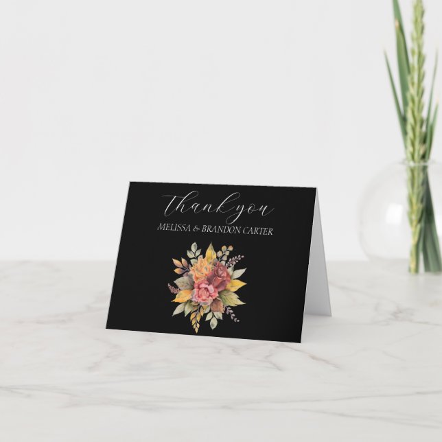 Fall Black Boho Autumn Floral Wedding Vielen Dank Dankeskarte (Vorderseite)