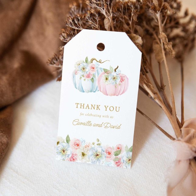Fall Blue and Pink Pumpkin Gender Reveal Geschenkanhänger (Pink and blue Fall Baby Shower Thank you tags)