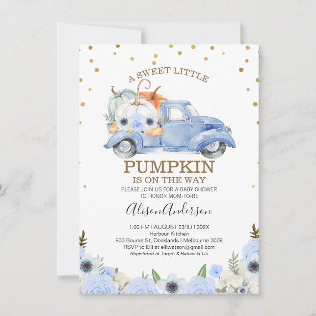 Fall Blue Floral Pumpkin Truck Baby Dusche Einladung (Vorderseite)