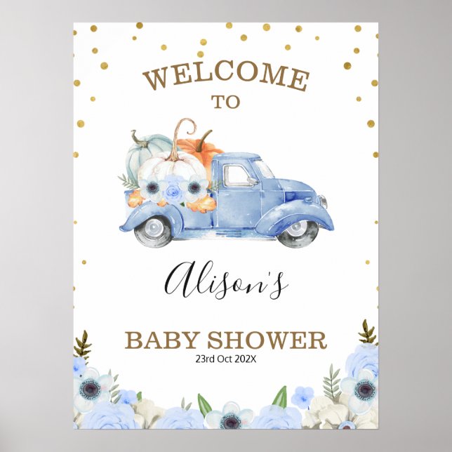 Fall Blue Floral Pumpkin Truck Baby Dusche Willkom Poster (Vorne)
