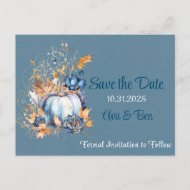 Fall Blue Orange Pumpkin Peony Save the Date Postkarte
