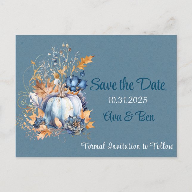 Fall Blue Orange Pumpkin Peony Save the Date Postkarte (Vorderseite)