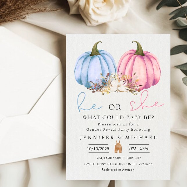 Fall Blue Pink Pumpkin Gender Reveal Party Einladung (Fall Blue Pink Pumpkin Gender Reveal Party Invitation)