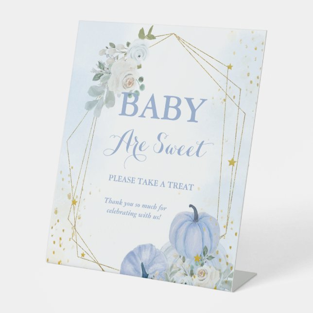 Fall Blue Pumpkin Boy Babydusche Gefälligkeitszeic Sockelschild (Vorderseite)