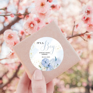 Fall Blue Pumpkin Floral Boy Baby Dusche Runder Aufkleber