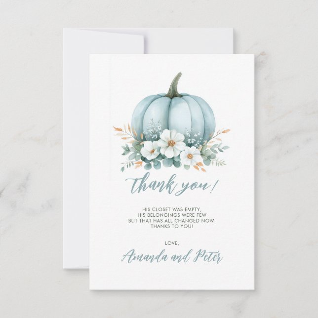 Fall Blue Pumpkin Floral Eucalyptus Baby Dusche Dankeskarte (Vorderseite)