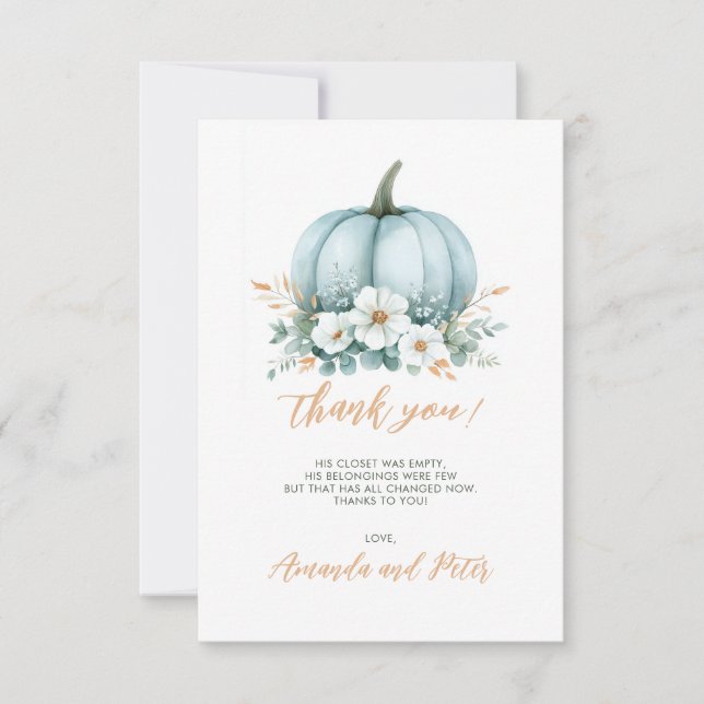 Fall Blue Pumpkin Floral Eucalyptus Baby Dusche Dankeskarte (Vorderseite)
