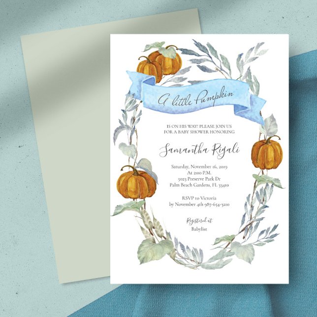 Fall Blue Pumpkin Greenery Baby Shower Einladung (pumpkin baby boy shower invitations )