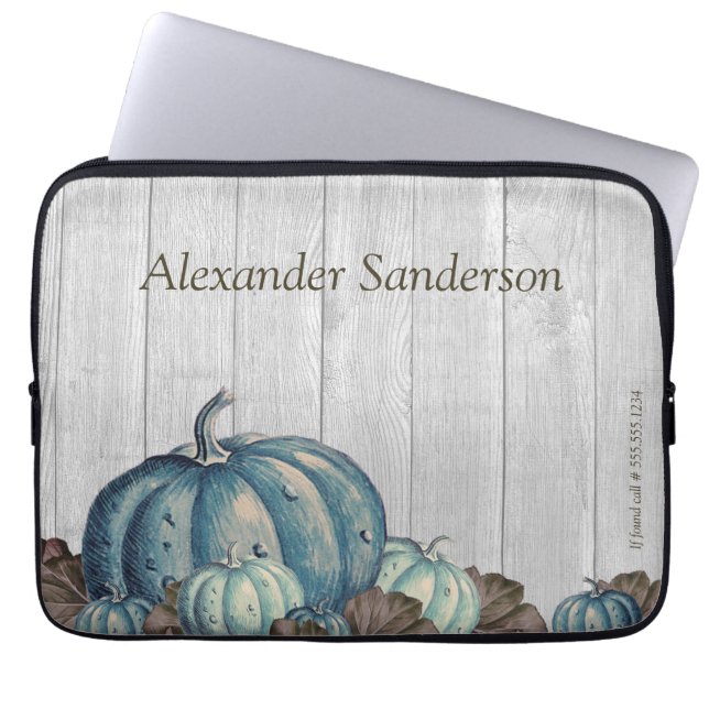 Fall Blue Pumpkin Rustic Niedlich Gray Wood Laptopschutzhülle (Vorderseite)