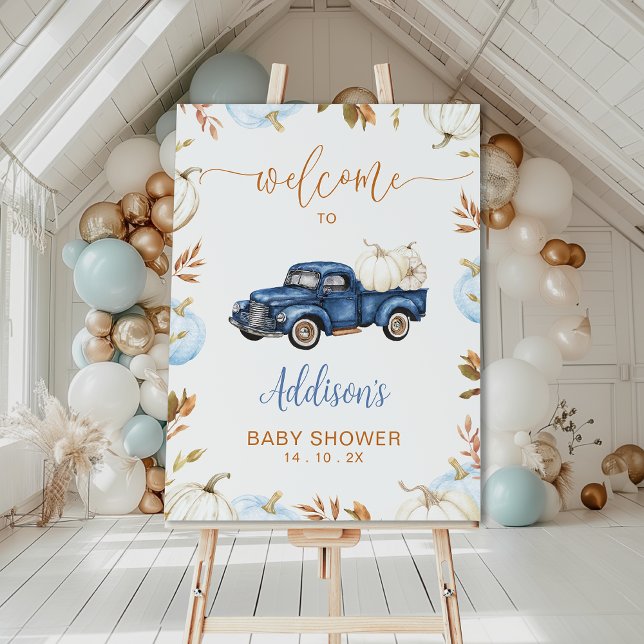 Fall Blue Pumpkin Truck Baby Dusche Begrüßungszeic Fotodruck (Boys Little Pumpkin Baby Shower Welcome Sign Template, Fall Pumpkin Truck Baby Shower Welcome Sign)