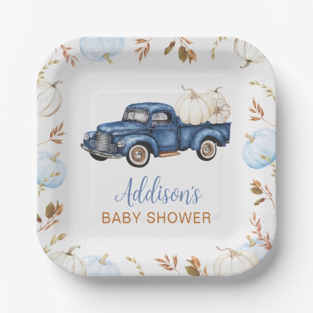 Fall Blue Pumpkin Truck Baby Dusche Pappteller (Vorderseite)