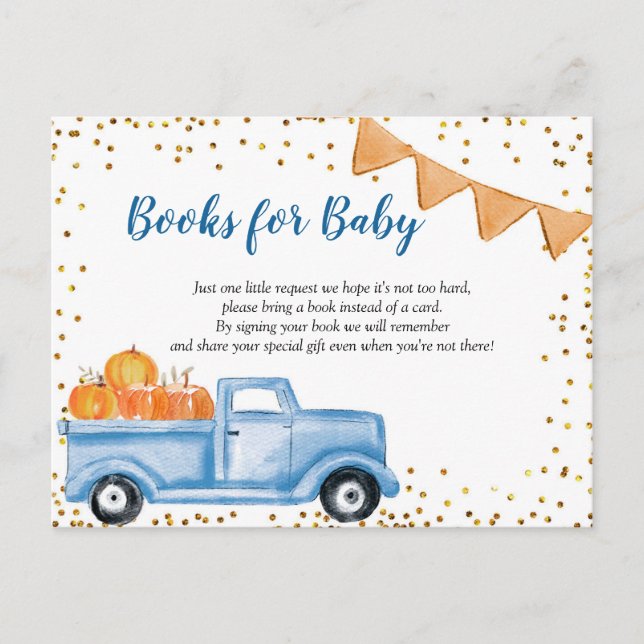 Fall Blue Pumpkin Truck Bücher für Baby Card Einladungspostkarte (Vorderseite)