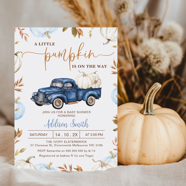 Fall Blue Pumpkin Truck Little Pumpkin Baby Dusche Einladung (Boys Little Pumpkin Baby Shower Invitation Template, Fall Blue Pumpkin Truck baby Shower Invite)