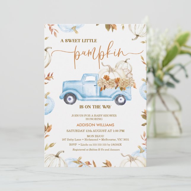 Fall Blue Pumpkin Truck Little Pumpkin Baby Dusche Einladung (Stehend Vorderseite)