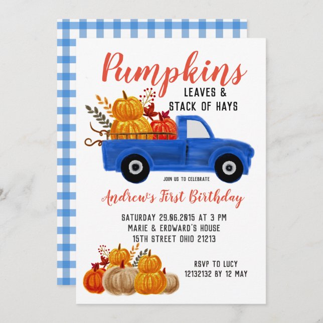Fall Blue Truck Pumpkin Birthday Einladung (Vorne/Hinten)