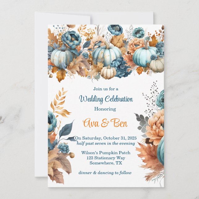 Fall Blue und Orange Pumpkin Peony Wedding Einladung (Vorderseite)