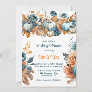 Fall Blue und Orange Pumpkin Peony Wedding Einladung