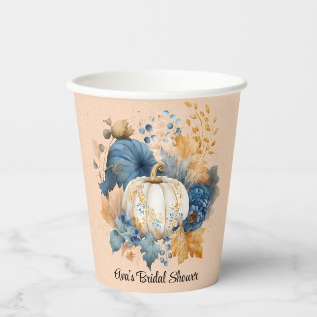 Fall Blue und Orange Pumpkin Peony Wedding Pappbecher (Vorderseite)