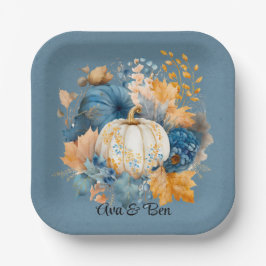 Fall Blue und Orange Pumpkin Peony Wedding Pappteller