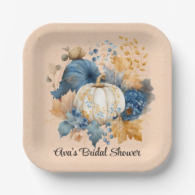 Fall Blue und Orange Pumpkin Peony Wedding Pappteller (Vorderseite)