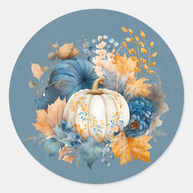 Fall Blue und Orange Pumpkin Peony Wedding Runder Aufkleber (Vorderseite)