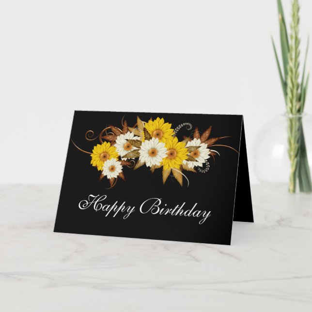 Fall-Blume-Design auf Black Happy Birthday Card Karte (Vorderseite)