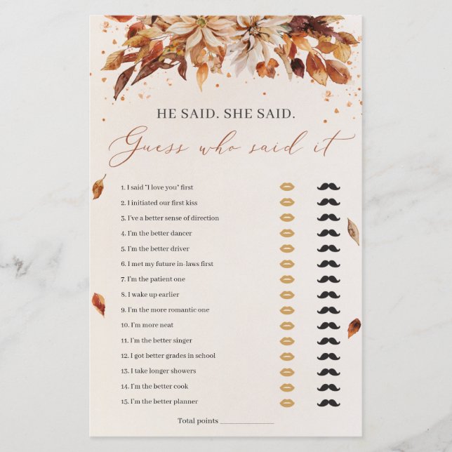 Fall Blume Er sagte, sie sagte Brautparty Game (Vorderseite)