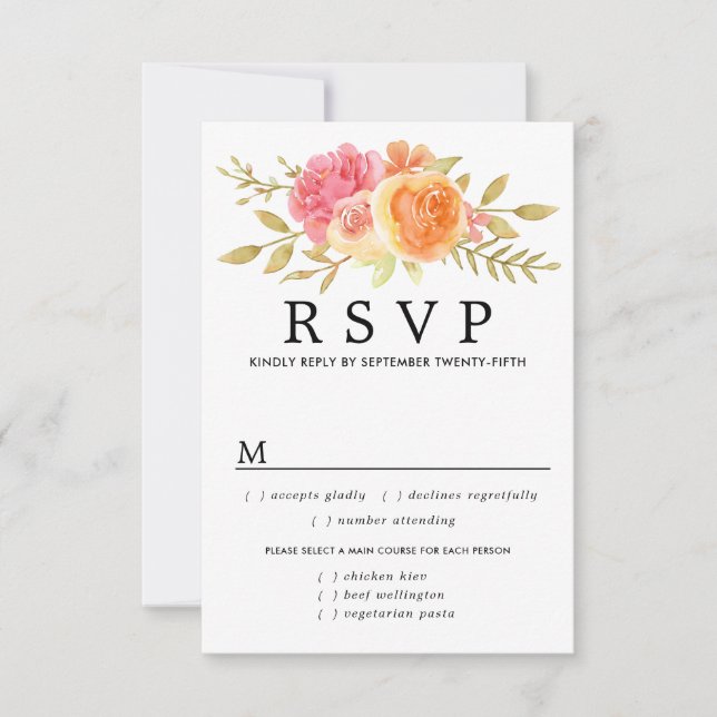 Fall-Blume Hochzeit-RSVP-Karte, Mahlzeiten Optione RSVP Karte (Vorderseite)