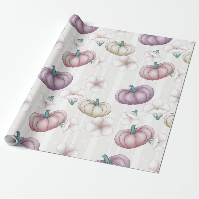 FALL-BLUME MIT PINK LILA & CREAM PUMPKINS GESCHENKPAPIER (Ungerollt)