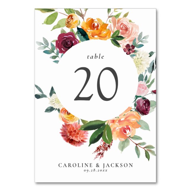 Fall-Blume-Tischnummer-Karte für Hochzeiten Tischnummer (Vorderseite)