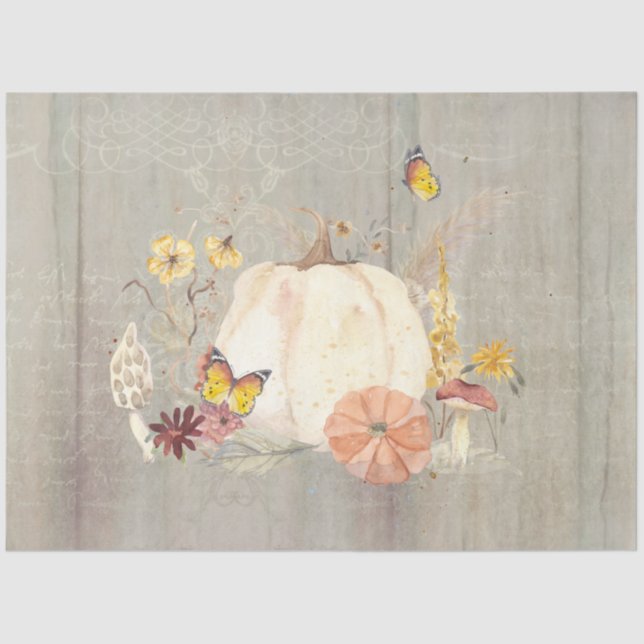 Fall Blume White Pumpkin Mushroom Wood Decoupage Seidenpapier (Vorderseite)