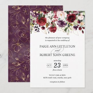 Fall-Blumen in Rotem, in Lila und erröten Hochzeit Einladung