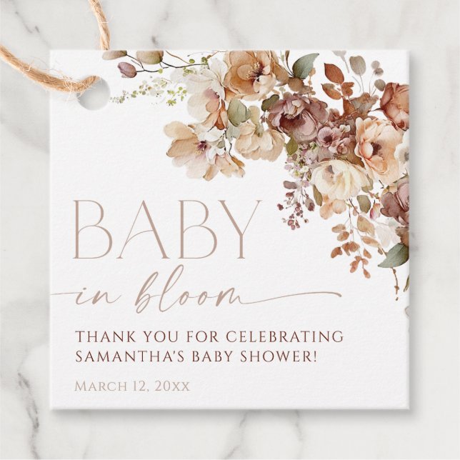 Fall Blumenbraun-neutrales Baby in Blütendusche Geschenkanhänger (Vorderseite)