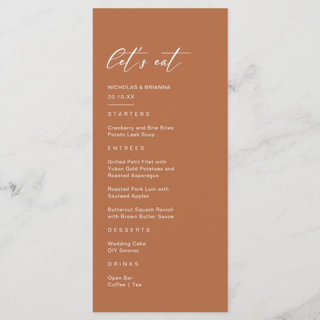 Fall Boho Burnt Orange Wedding Menükarte (Vorderseite)