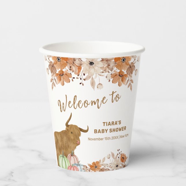 Fall Boho Floral Highland Kuh Baby Dusche Willkomm Pappbecher (Vorderseite)