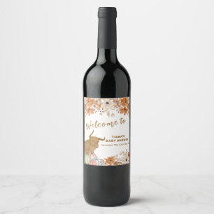 Fall Boho Floral Highland Kuh Baby Dusche Willkomm Weinetikett