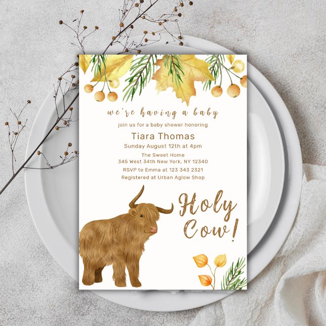 Fall Boho Heilige Kuh Hochland Kuh Baby Dusche Einladung (Fall Boho Holy Cow Highland Cow Baby Shower Invitation)