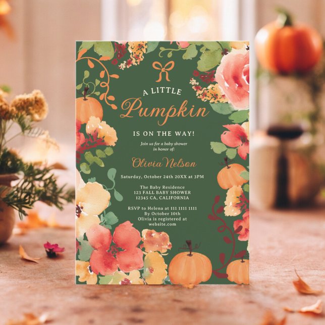 Fall Boho Kleine Kürbisbrunnendusche Einladung (Fall Boho Little pumpkin green floral baby shower Invitation)