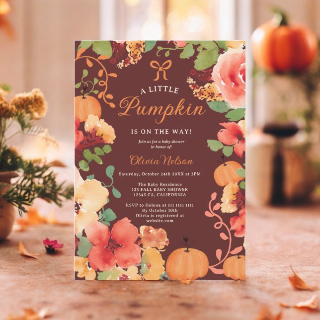 Fall Boho Kleine Kürbisdusche Einladung (Fall Boho Little pumpkin red floral baby shower Invitation)