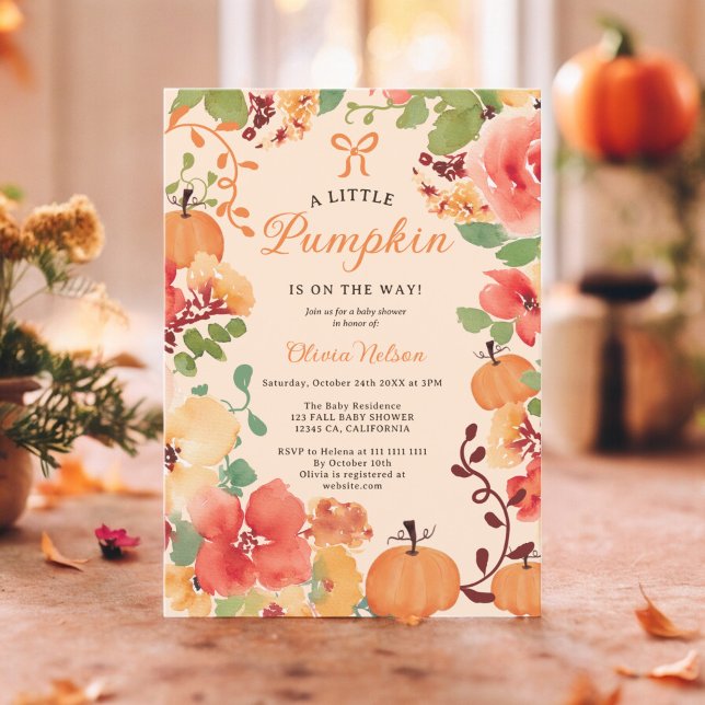 Fall Boho Kleine Kürbispfirsichpfirsichbrunnendusc Einladung (Fall Boho Little pumpkin peach floral baby shower Invitation)