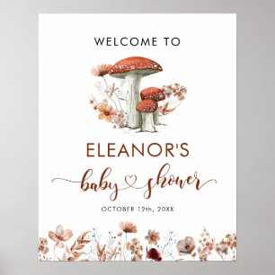 Fall Boho Mushroom Floral Baby Shower welcome sign Poster