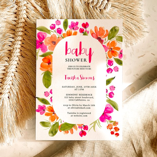 Fall boho pink orange floral script baby shower einladung (Fall boho pink orange floral script baby shower invitation)