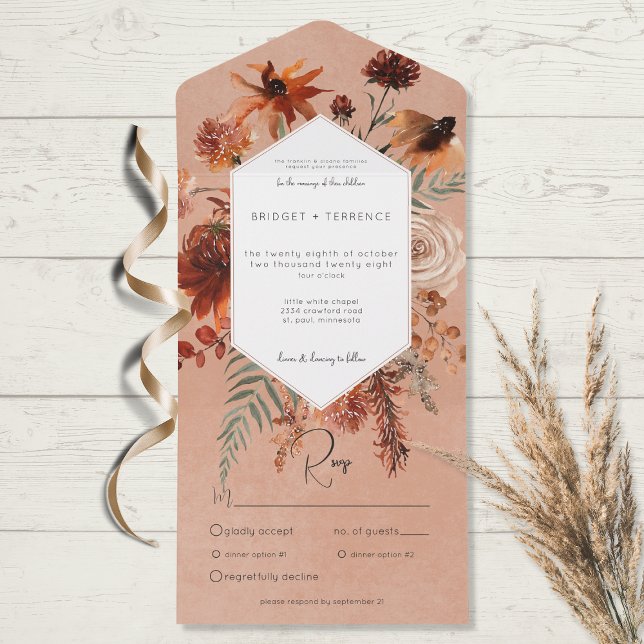 Fall Boho Rust & Peach Floral Frame Dinner All In One Einladung (Von Creator hochgeladen)