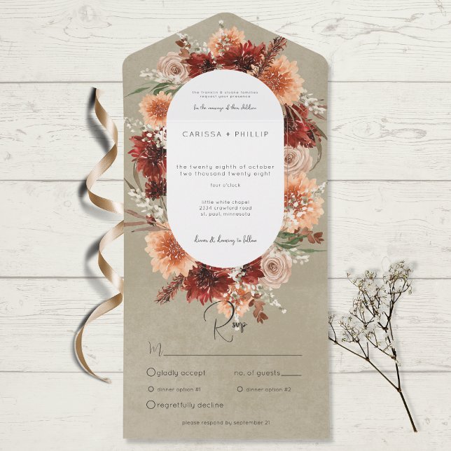 Fall Boho Rust & Peach Floral Oval Sage Dinner All In One Einladung (Von Creator hochgeladen)